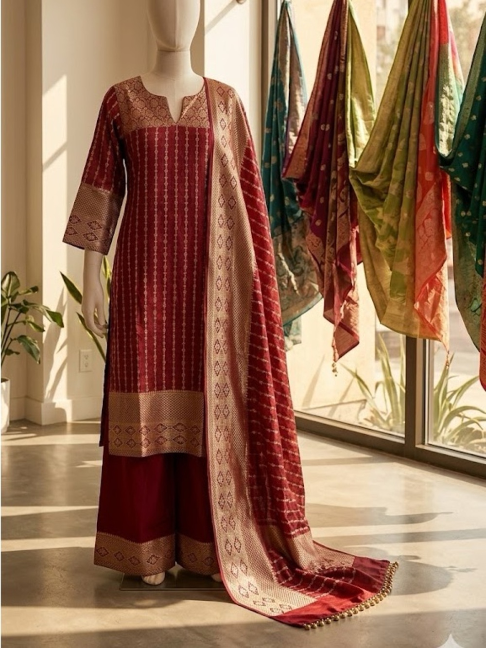 Stunning 3-Piece Maroon & Gold Banarasi Brocade Kurta Set | Chest 40